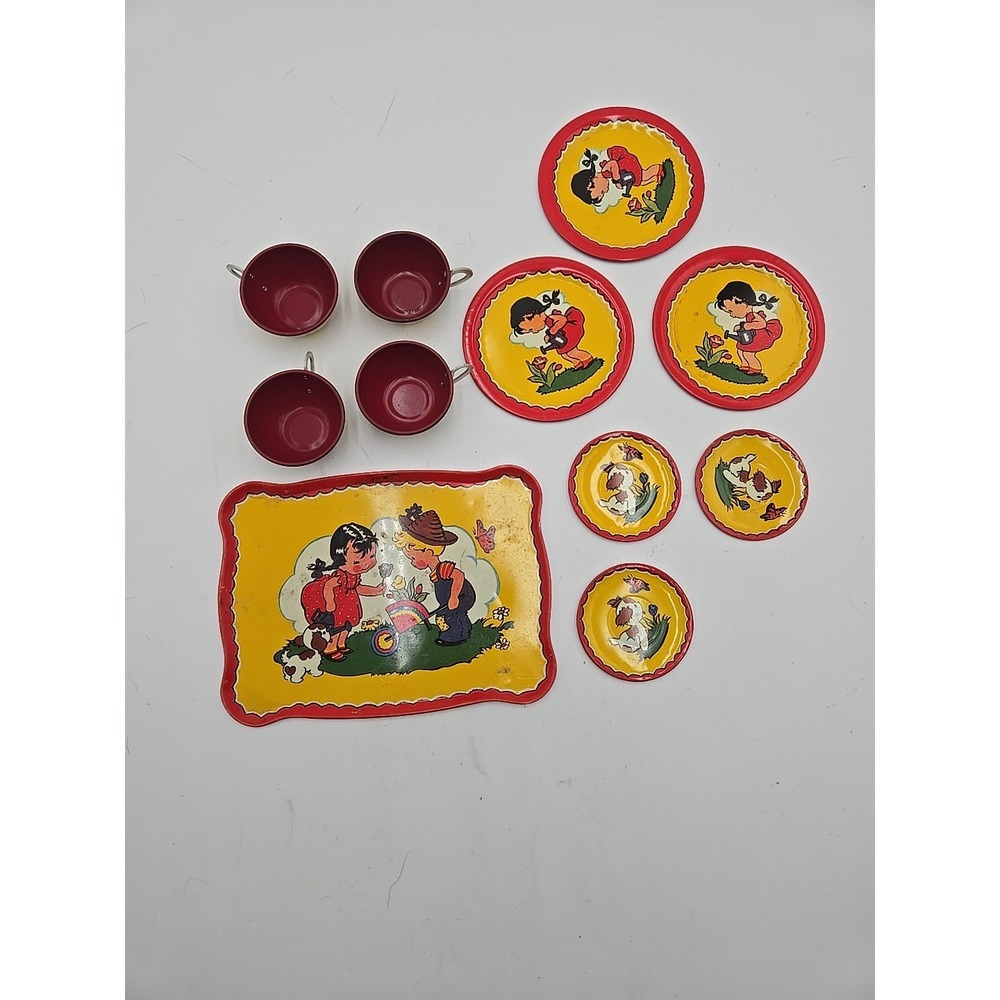 Vtg Ohio Art Tin Litho 173 4 Cups 3 Saucer 4 Plates 1 Tray Child Kitchen Playset